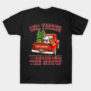 Christmas Bull Terrier Through The Snow Dog Santa Truck Tree T-Shirt